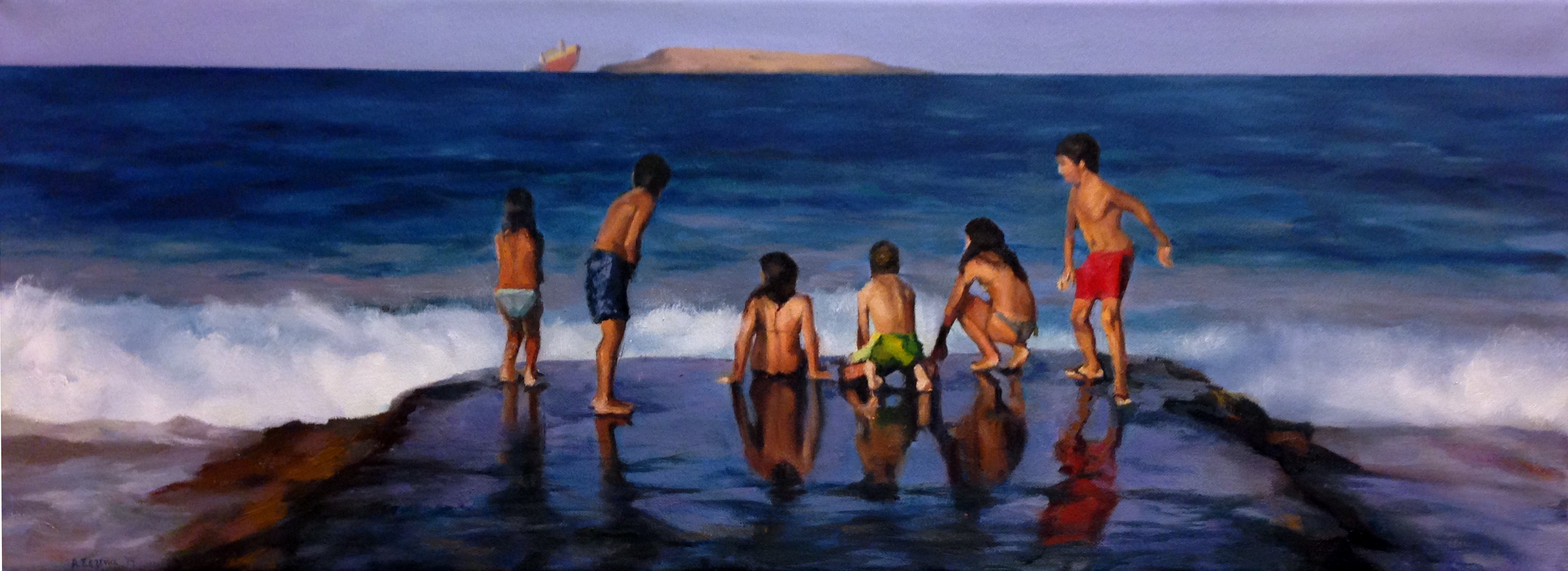 Afroditi Sezenia Playing with the waves 30x100cm oil on canvas